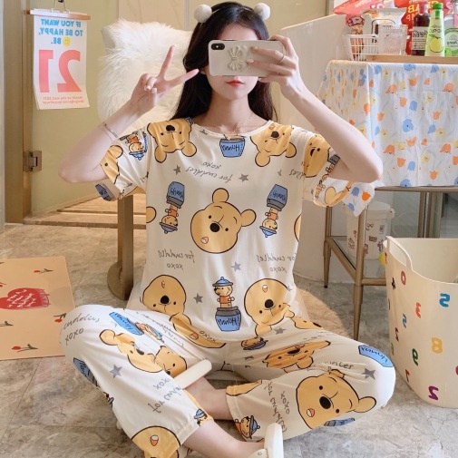 2022 New Short-Sleeved Pajamas Ladies Summer Trouser Suits Cartoon Outer Wear Casual Home Clothes Women Spring Thin ModelsPants Short Sleeves Loungewear Pajamas Two Piece