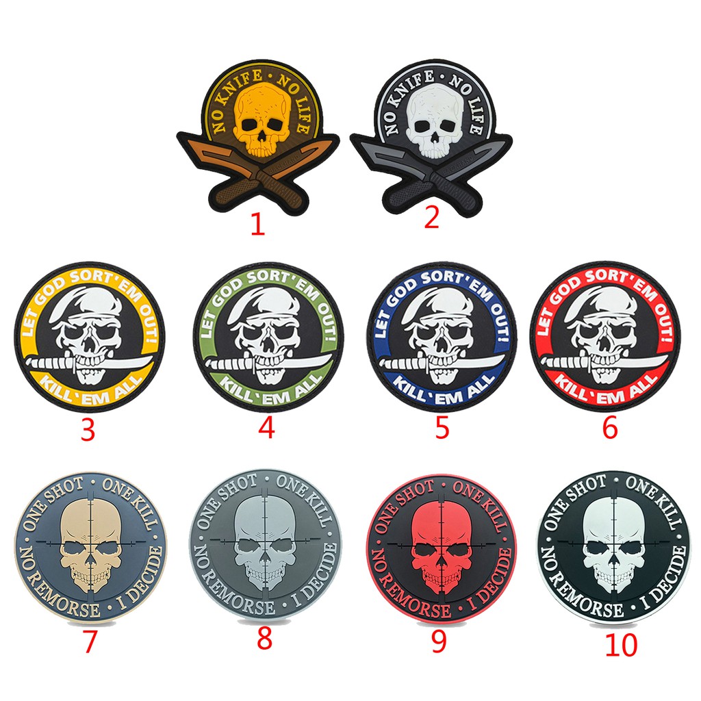 Skull Rubber Patches No Knife No Life Tactical Military Decorative Patch One Shot One Kill Combat PVC Badges For Cap Bags