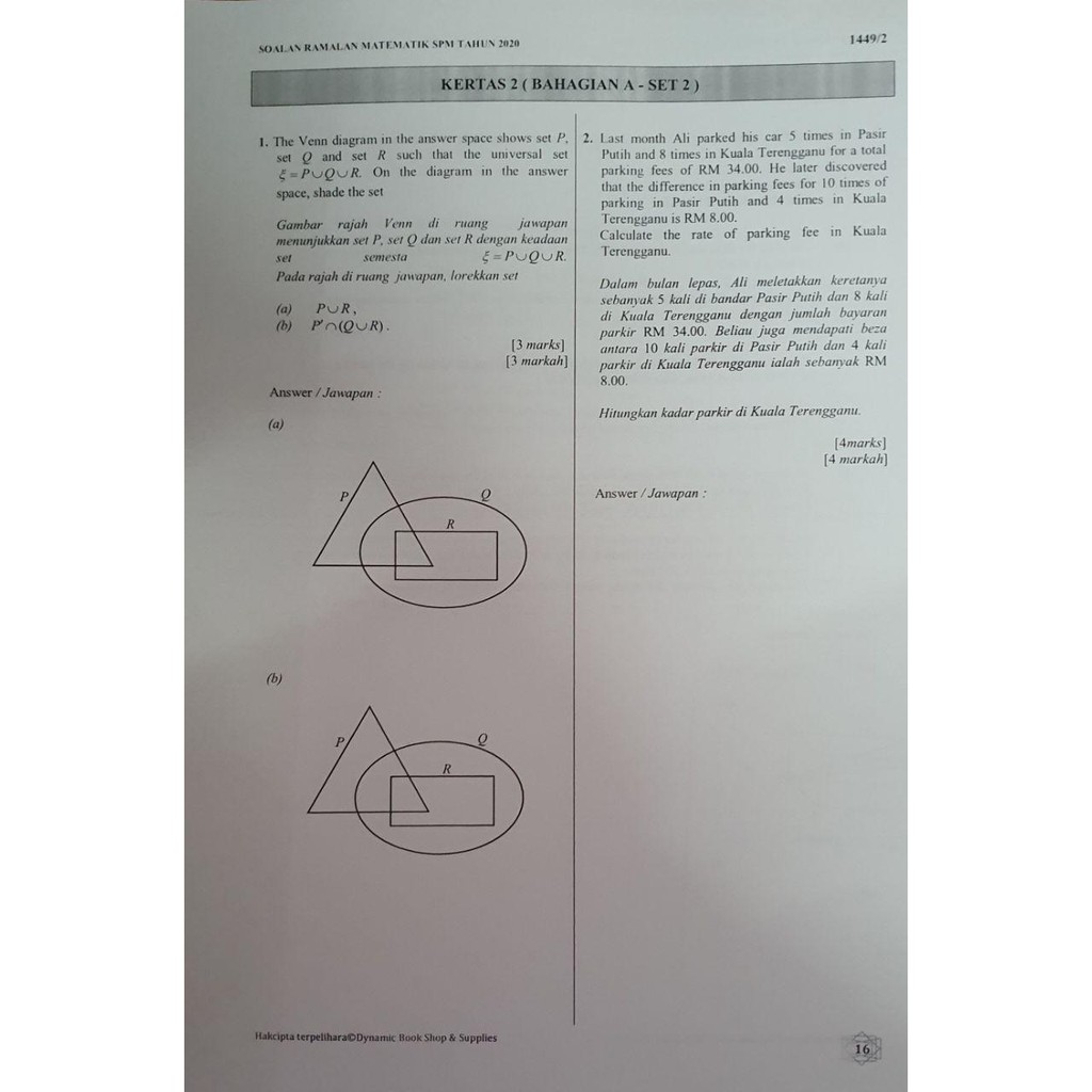 Spm Soalan Ramalan Matematik Kertas 2 2020 Shopee Malaysia