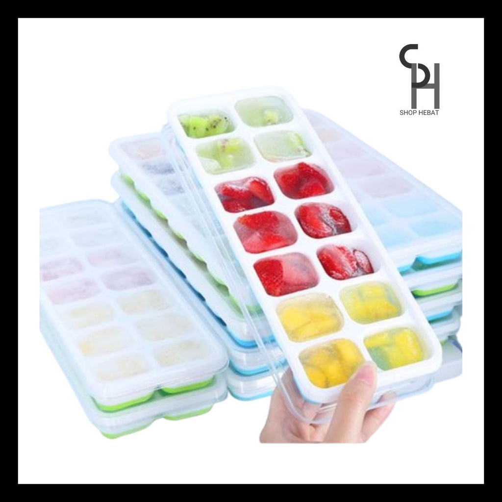 HEBAT👍14 HOLES SILICONE MR.DIY ICE CUBE TRAY With Cover BABY FOOD Maker Mold Tray Containers BPA FREE Pembuat Ais Batu