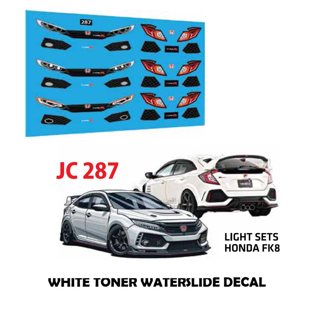JC-9287 White Toner Waterslide Decal > HONDA FK8 LIGHT > Custom 1:64 Hot Wheels 