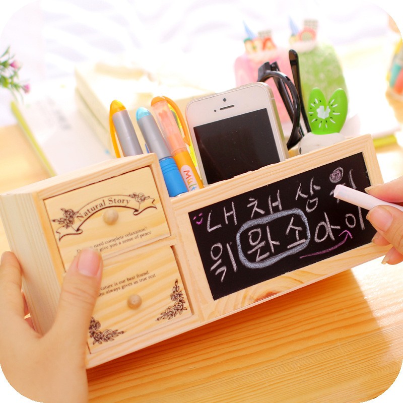 Wooden Pen Holder With Blackboard Cute Desktop Pencil Holder Desk