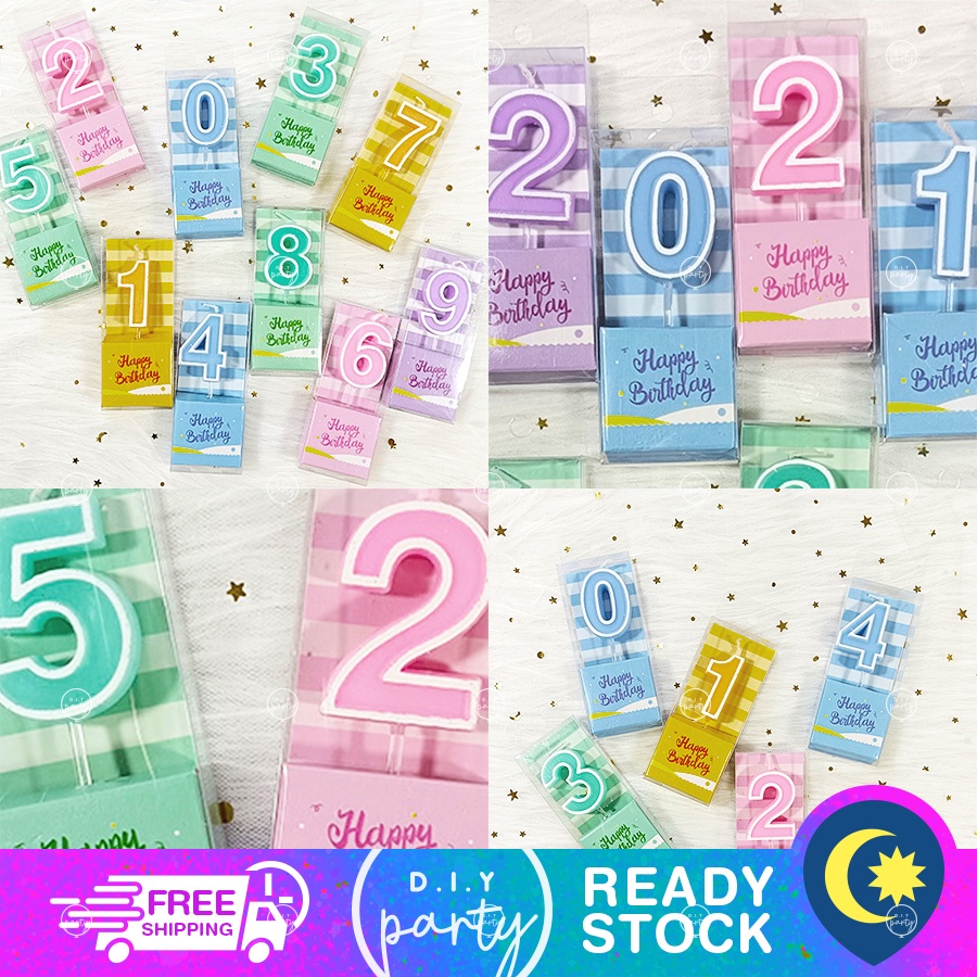 Number Candle Lilin Wedding Birthday Cute Cake Cup Topper Pastel Macaron Pink Blue Yellow Purple Green White Outline