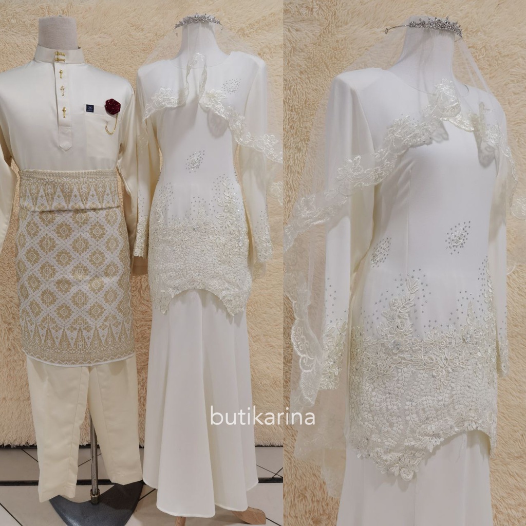 Set Baju Kurung Moden Lace Latifah Cream Krim Nikah Sanding Tunang