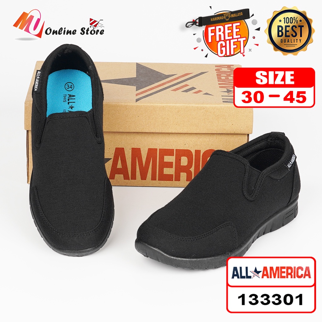 MU KASUT SEKOLAH HITAM ALL AMERICA 133301 / KASUT SEKOLAH SARUNG / KASUT SEKOLAH RENDAH / BLACK SCHOOL SHOES SLIP ON