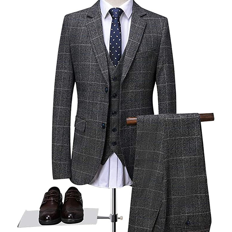 Mens Classic Gray Check-Plaid Tweed Herringbone Slim Fit Vintage Suits ...