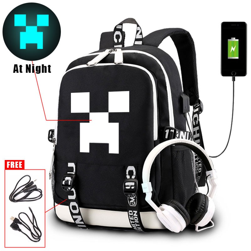 2019 New Arrival Minecraft Luminous School Bags For Teenagers Boys Girls Big Capacity Usb Charger Backpack Shopee Malaysia - cool black roblox game cartoon printed canvas night light backpacks with usb charging boys and girls bookbags students school bag youth luminous