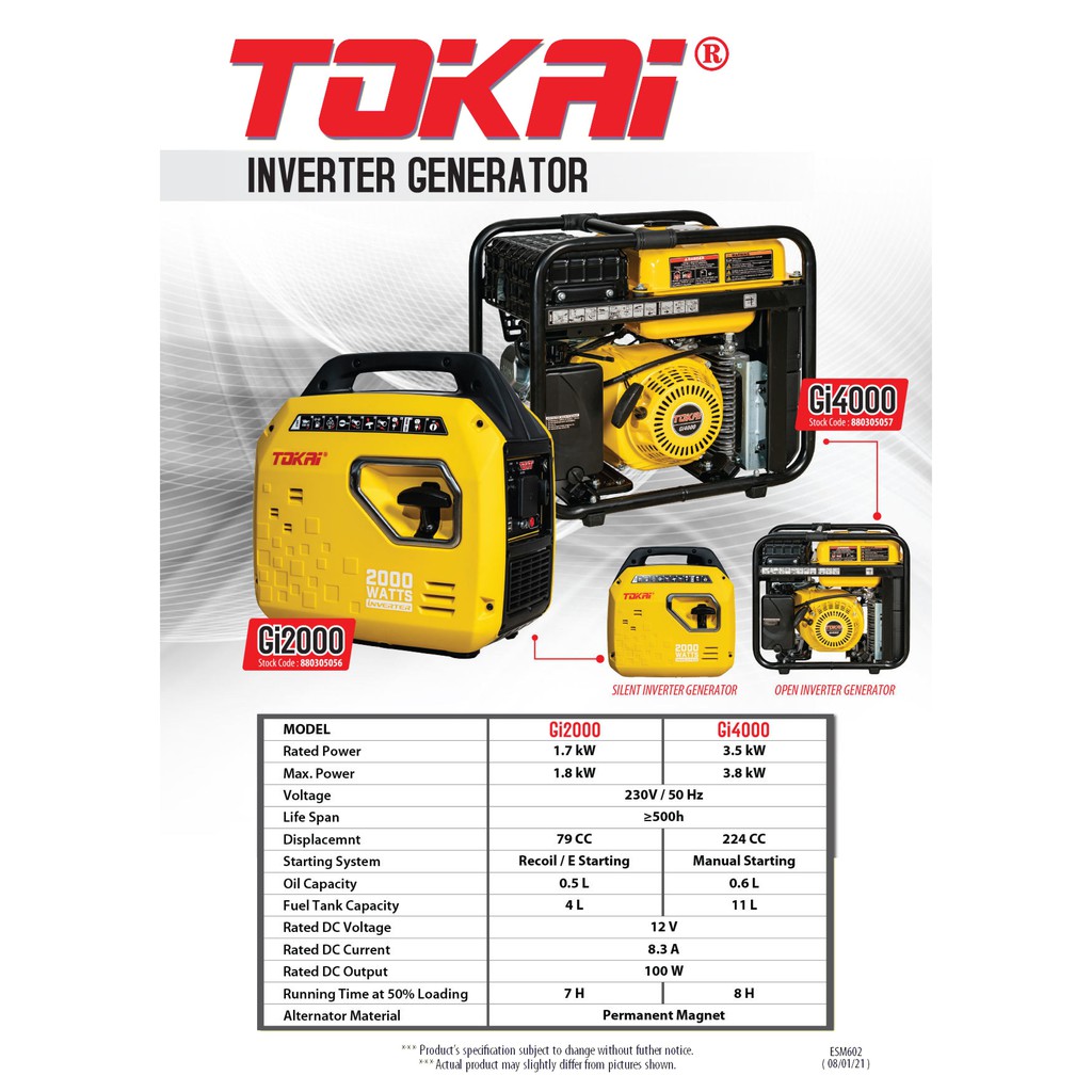 (READY STOCK )TOKAI JAPAN INVERTER GENERATOR MAX Power 1800w / 3800w SINE WAVE LOW NOISE/ Open Type Genset Canggih Baru