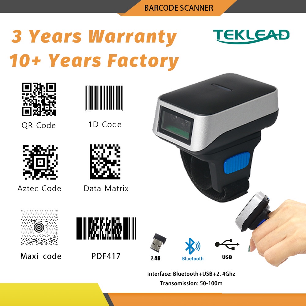 TEKLEAD Finger Wearable Ring Barcode Scanner for All Bar Code with Bluetooth 380mAh Battery Automatic Storage Mode