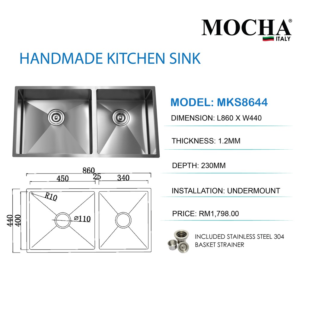 MOCHA® MKS8644 Hand-Made Undermount Stainless Steel Kitchen Sink (+ FREE  Gifts!) | Shopee Malaysia