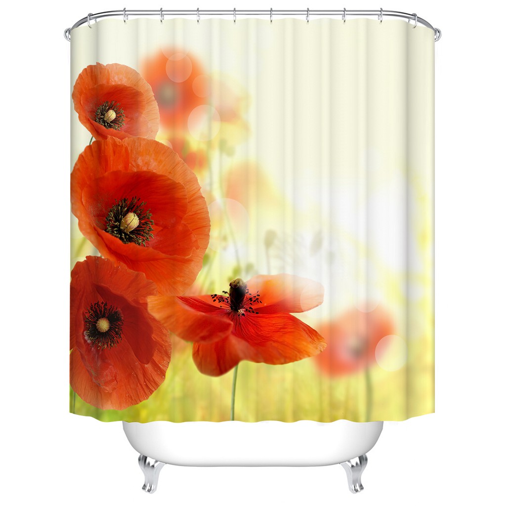 Poppy Floral Shower Curtains Set With Hooks Vintage Watercolour Red Blossoming Flowers Bath Curtain For Bathroom Decor Shopee Malaysia