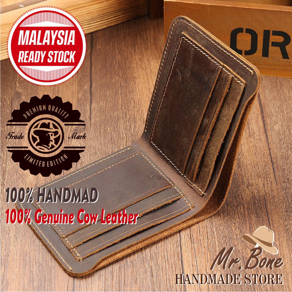 Mr.Bone Handmade Crazy horse Genuine Leather Men's Vintage Stlye Short Wallet