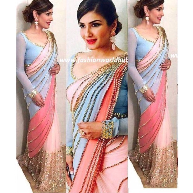 Raveena Tandon Beautiful Design Half And Half Saree On Premium Georgette Saree Shopee Malaysia