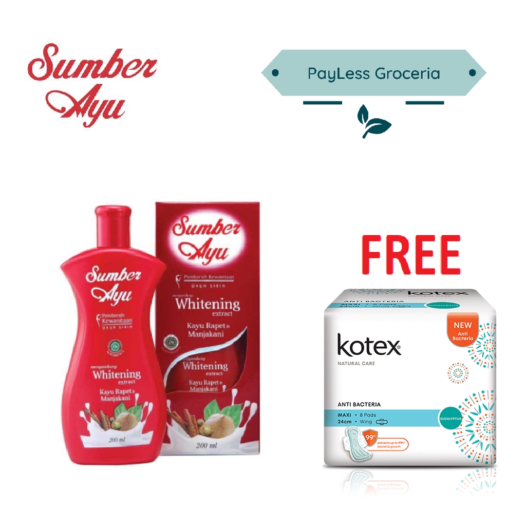 Sumber Ayu Premium Range Whitening Feminine Wash 200ml FREE Kotex Anti Bacteria Maxi Wing 24cm 8