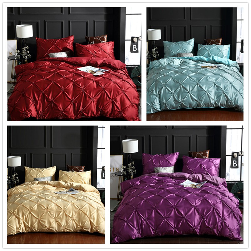 Solid Wine Red Pinch Pleat Duvet Cover Sets Single Queen King 2