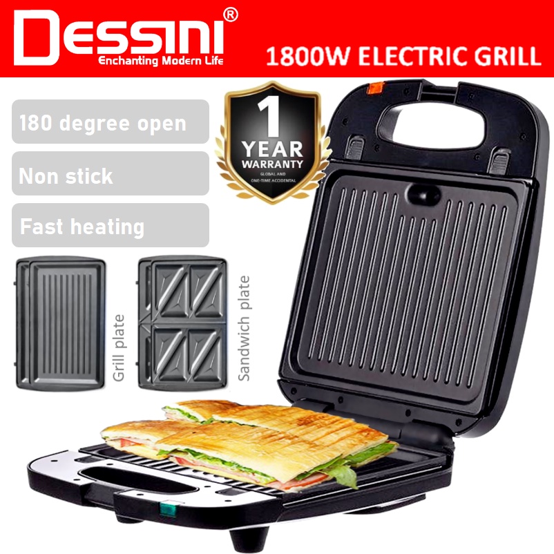 DESSINI ITALY 180° Open Double Sided Electric Pizza Panini Waffle Sandwich Maker Toaster BBQ Grill Non-Stick Baking Pan