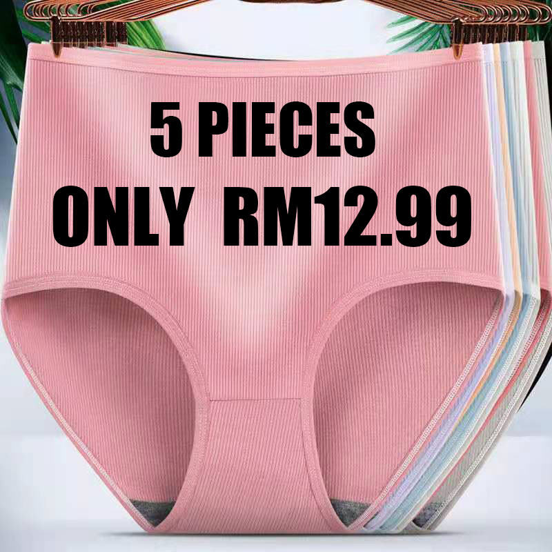 【READY STOCK】5PCS Plus Size Women High Waist Panties Lingeries Seluar Dalam Wanita Ladies Breathable Cotton Underwear Women Panties Briefs
