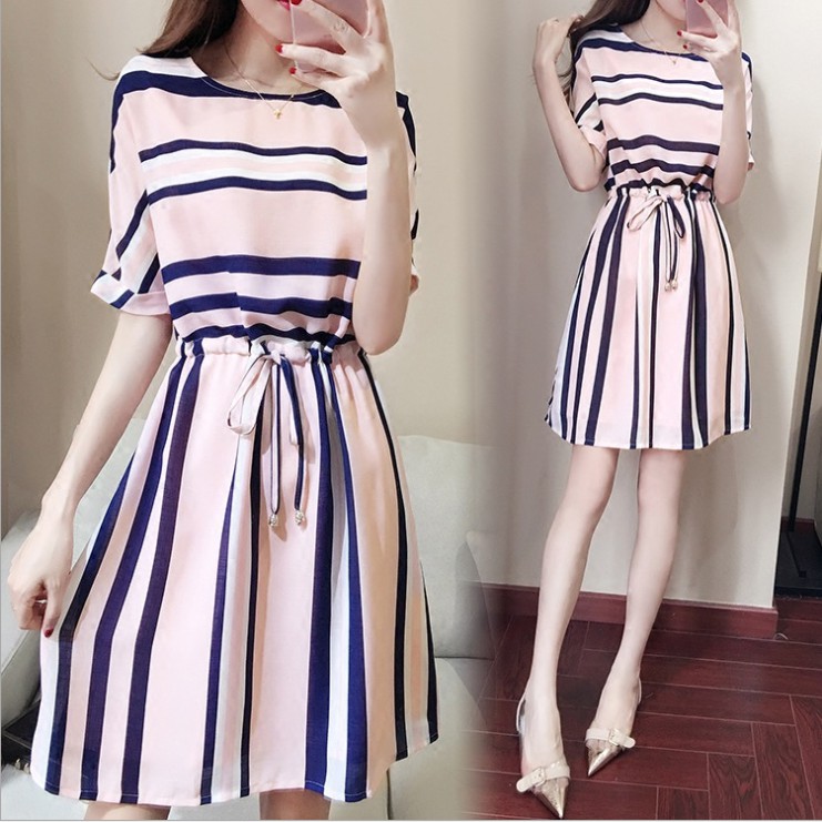 Women Summer Stripe Printing Lacing Short Sleeve Dress  