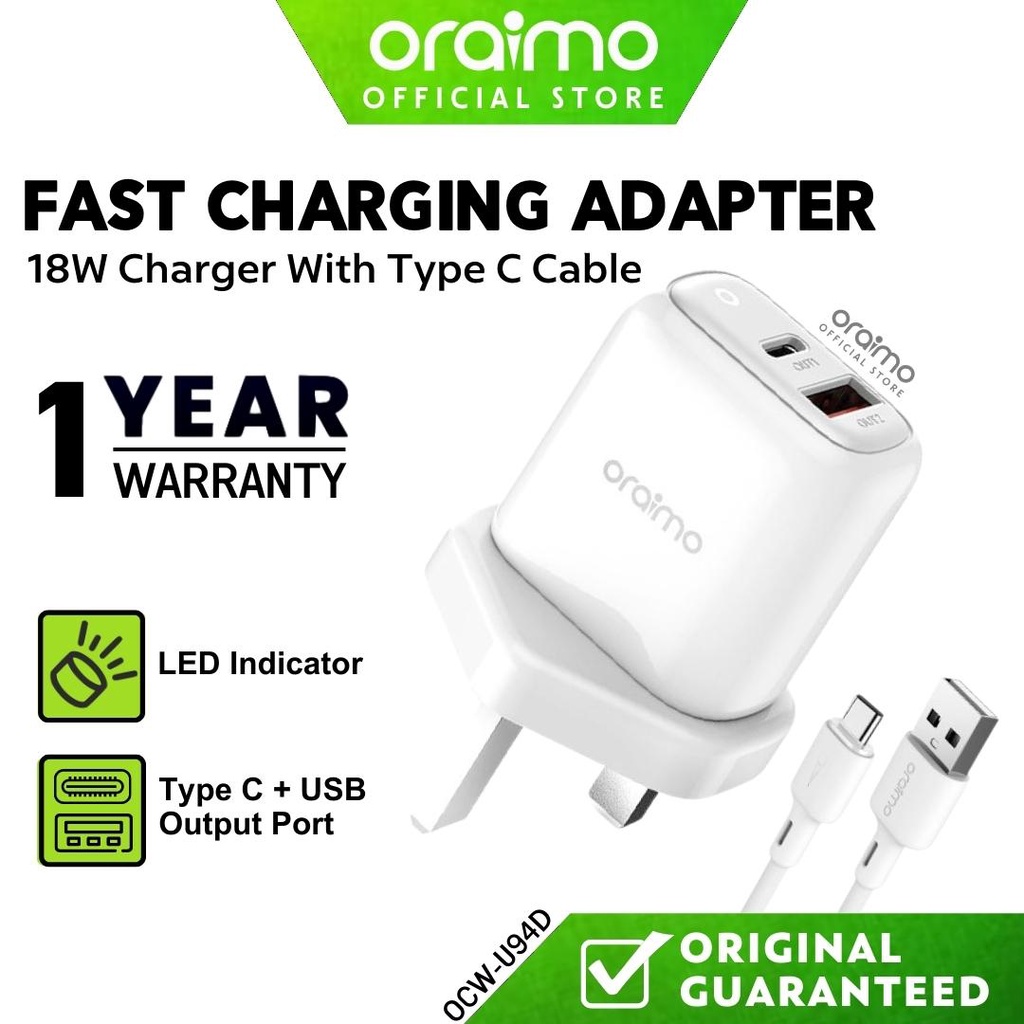 ORAIMO Charger Adapter Fast Charging Adapter Charger Type C Charger USB  Fast Charger Adapter 18W Phone Chargers OCW-U94D | Shopee Malaysia