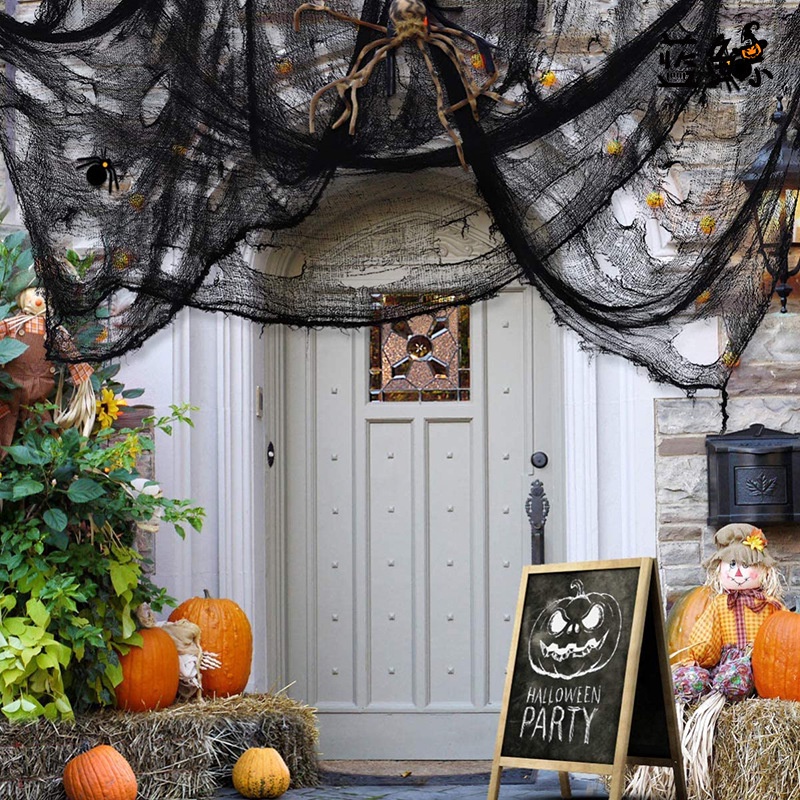 1set Halloween Home Party Bar Decor Black Creepy Gauze Cloth Halloween Party Outdoor Indoor Decorations Grid Yarn Cloth Horror Props