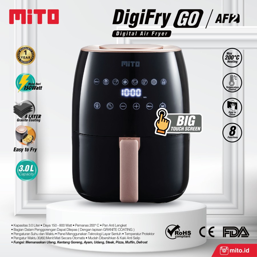 Mito Air Fryer Digi Fry Go AF2 Touch Screen Low Watt Frying Machine