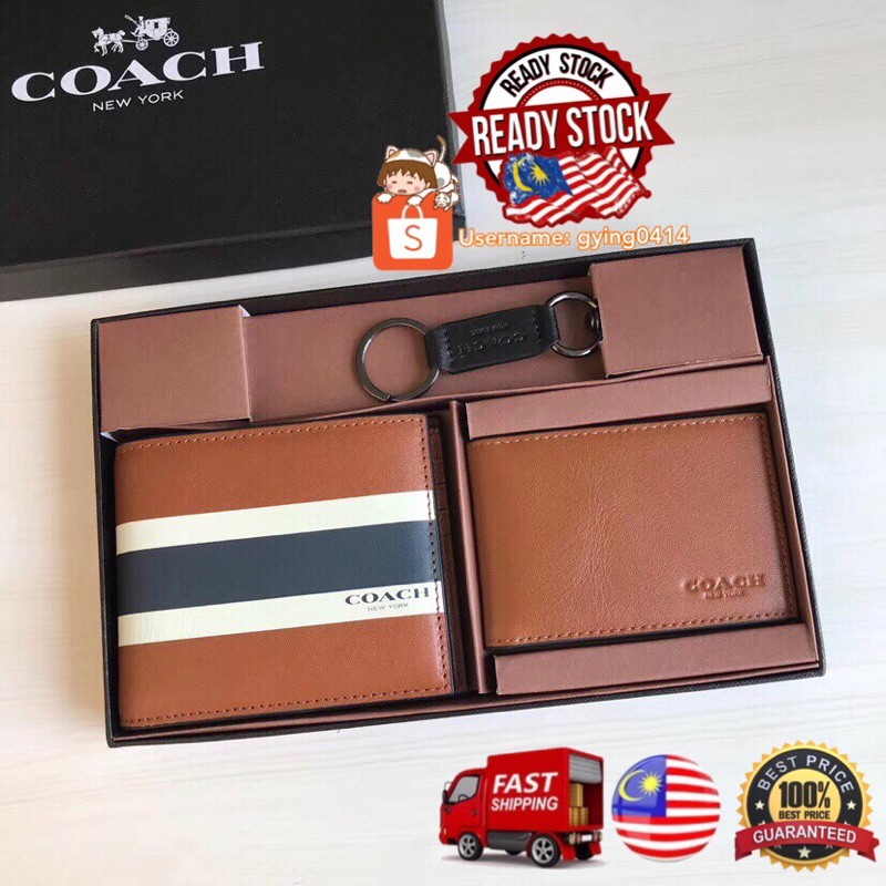 Ready Stock Coach Mens Compact Id Svc Calf Leather Billfold Wallet Saddle Brown Gift Set Men Dompet Box Lelaki Male Shopee Malaysia