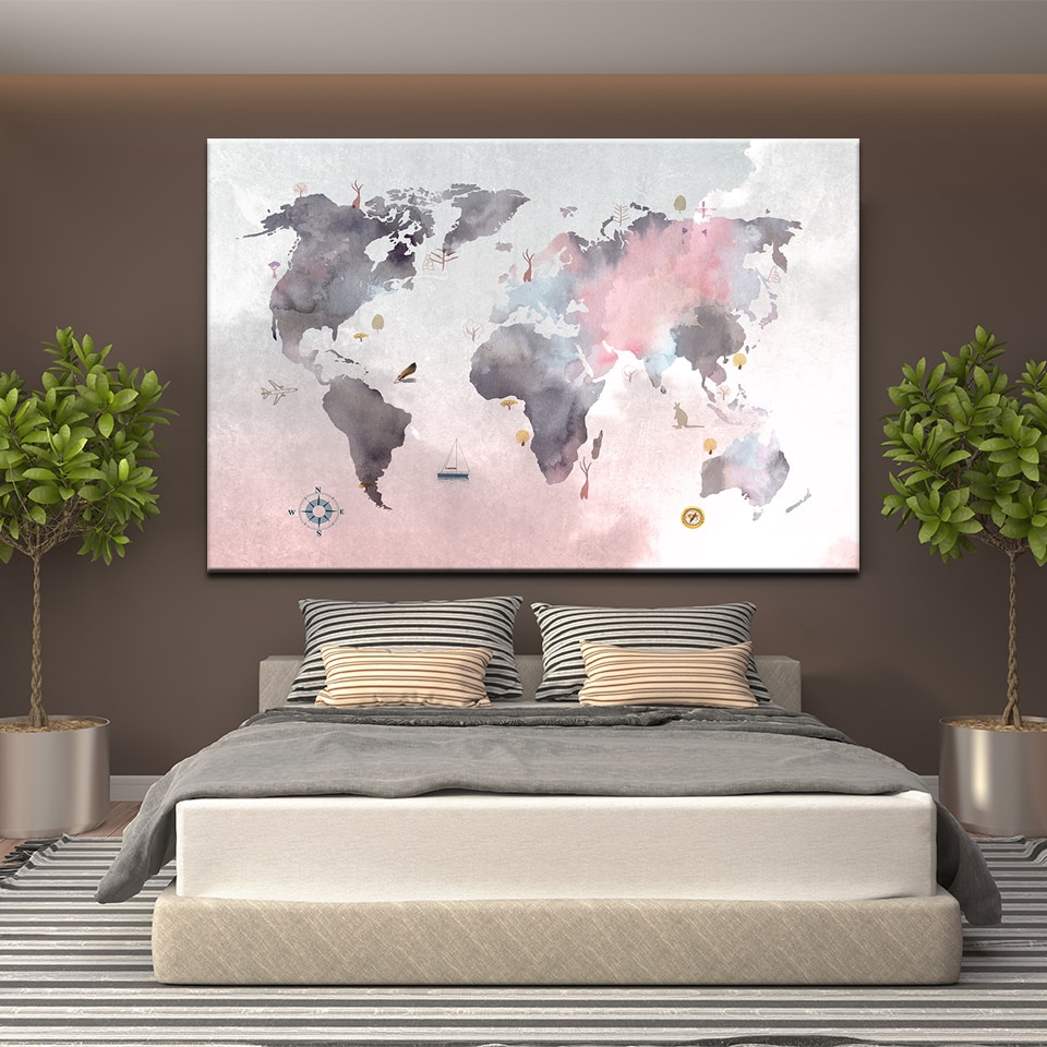 World Map Panel Art Abstract Watercolor Colourful World Map Diagram Wall Art Canvas Painting  Home Decor Picture Poster Unframed | Shopee Malaysia