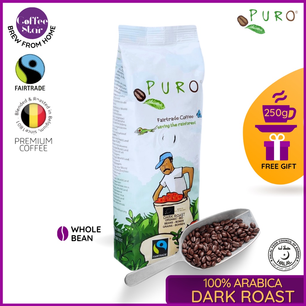 Dark Roast Organic Puro Fairtrade Coffee Bean | Arabica | 250g | Free Gift