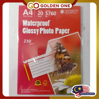 NISO Waterproof A4 High Quality INKJET Glossy Photo Paper/Kertas Foto Berkilat/kertas gambar 230gsm(20sheets/Packs)