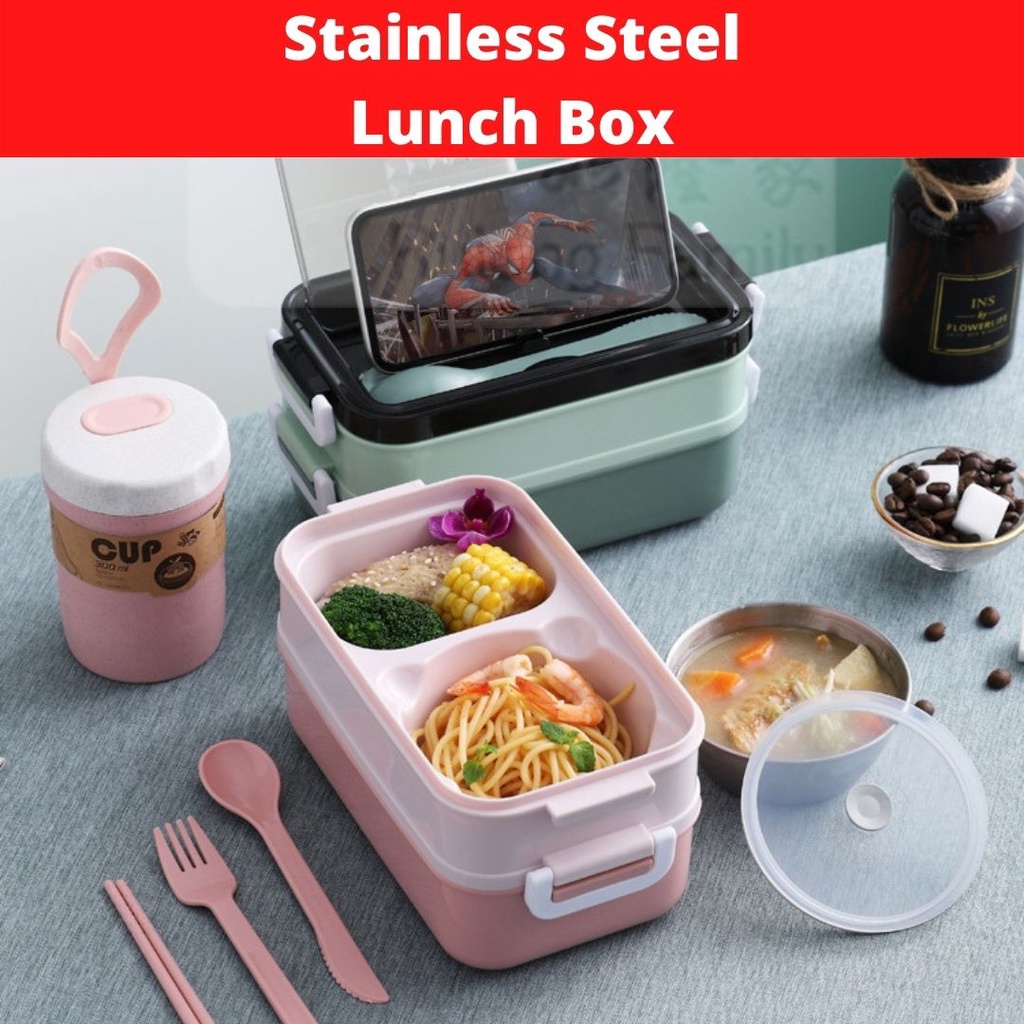 304 Stainless Steel Lunch Box with Soup Bowl Double Layer Bento Box