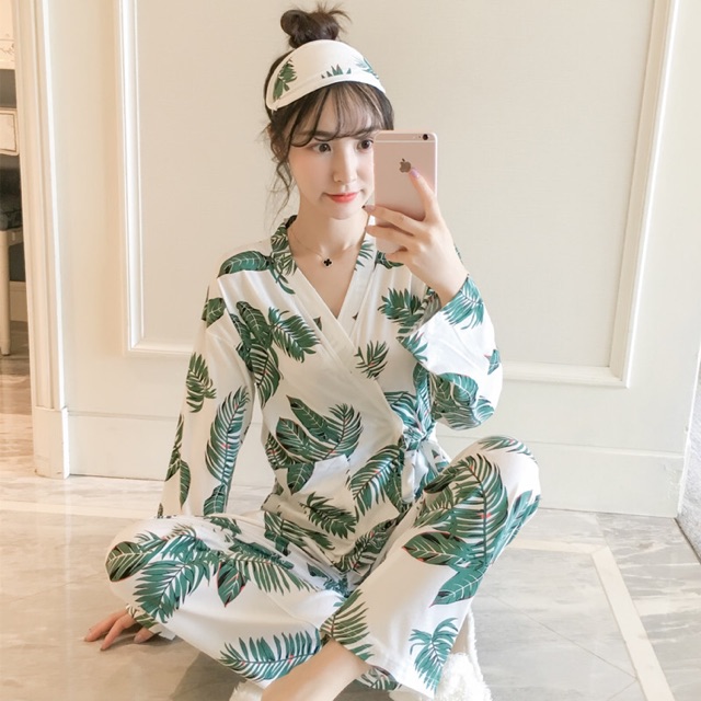Kimono sleeping set Large Size Long Sleeve Women's Pajamas Slim Summer 100Kg Pure Cotton Striped Suit Japanese Kimono Spring Autumn