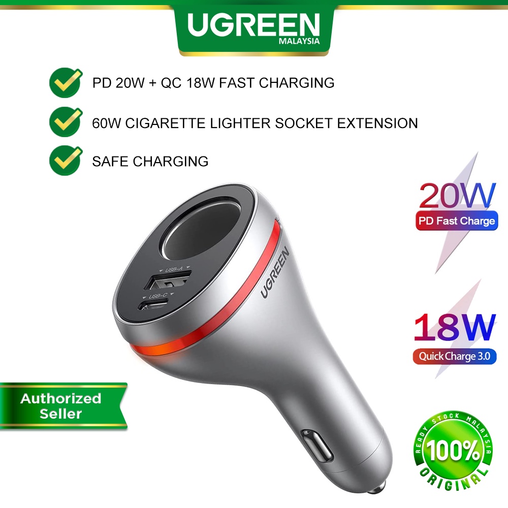 UGREEN Car Charger Cigarette Lighter Splitter USB A Type C Car Adapter Extension Power Outlet PD 20W & QC 18W iPhone 13