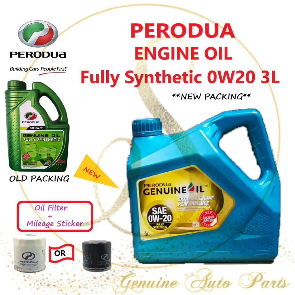 100 Ori New Old Packing Perodua Engine Oil 0w20 Fully Synthetic 3l Free Perodua Oil Filter Bezza Axia Myvi Aruz Shopee Malaysia