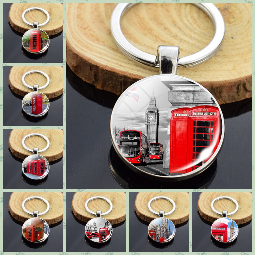 London Big Ben Telephone Booth Attractions Keychain Glass Cabochon Car Keyring Jewelry London Travel Souvenir Keychain Pendant