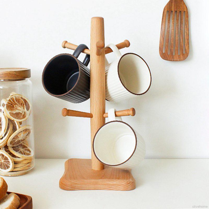 Wooden Coffee Cup Holder Rack 6 Cup Mug Holder Countertop Pantry Stands Mug Shelves Hanger Kitchen Display