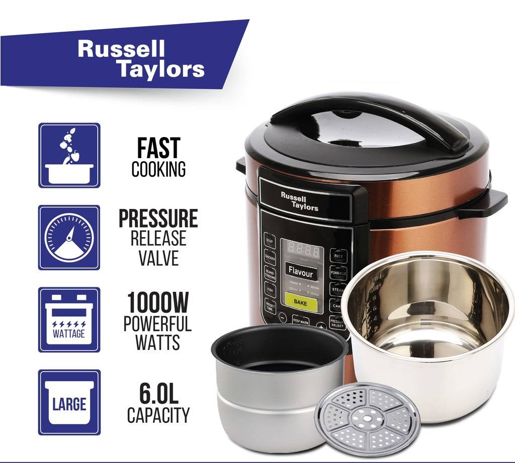 Periuk Nasi Tekanan 2 dalam 1 Russell Taylors Dual Pot Pressure Cooker Rice Cooker 2 Pots + Steam (6L)