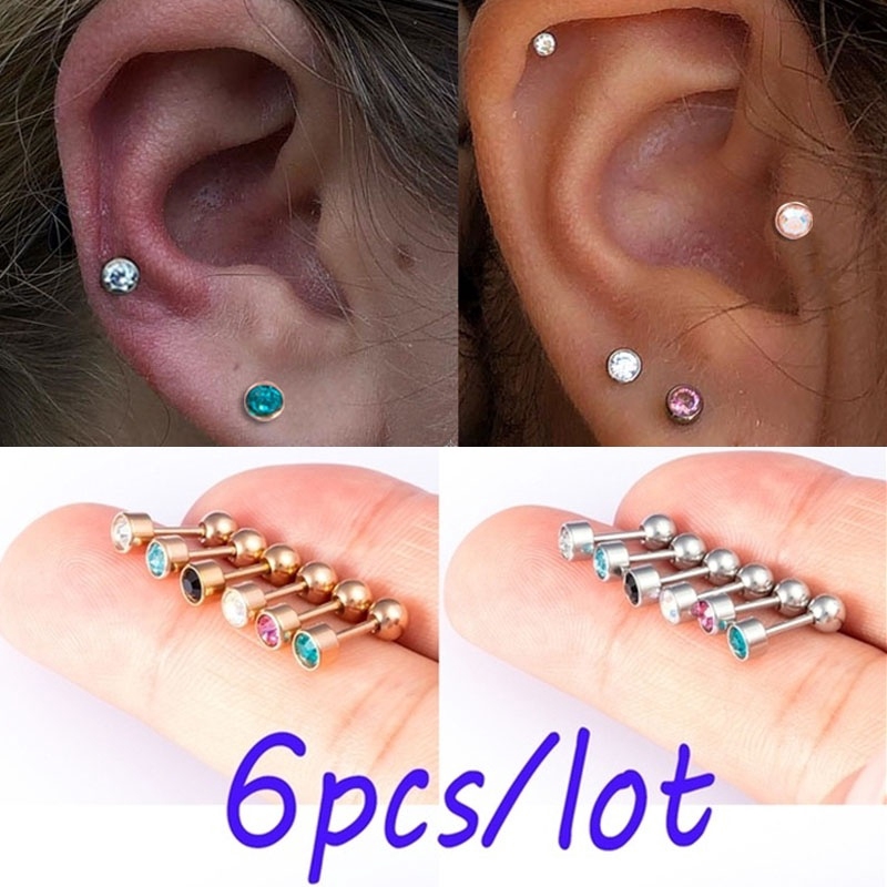 6pcs Lot Steel Ear Tragus Cartilage Piercing Crystal Earrings