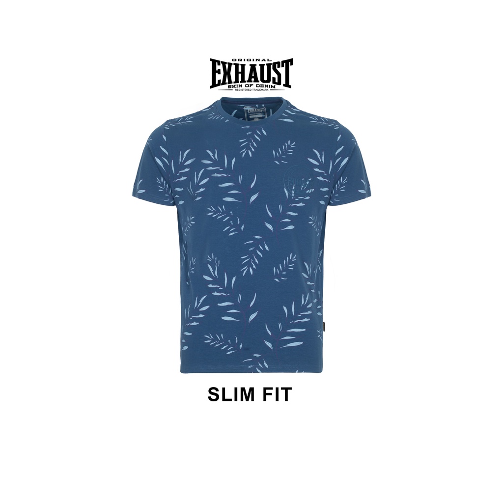 EXHAUST Floral Printing Round Neck T-Shirt [Slim Fit]-M. Blue 1287