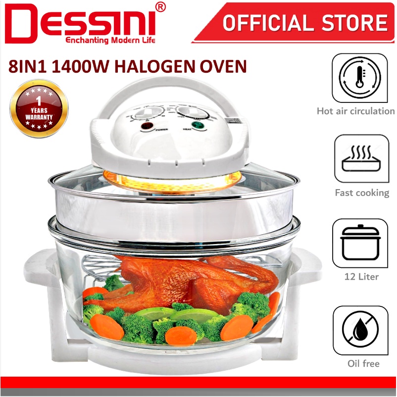 DESSINI Italy 8 In 1 Electric Halogen Convection Oven Hot Air Fryer Timer Oil Free Roaster Cooker (12L)