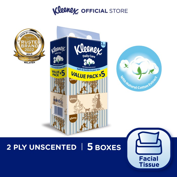 Kleenex Facial Tissue Box Vintage 2ply (120s x 5 Packs) Daily Care - Soft & Gentle Tissue Paper
