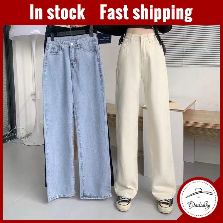 DaDuHey? High Waist Wide-Leg Pants Straight Denim Pants Korean Loose Slim 2021 New Pants for Women (Free Belt)