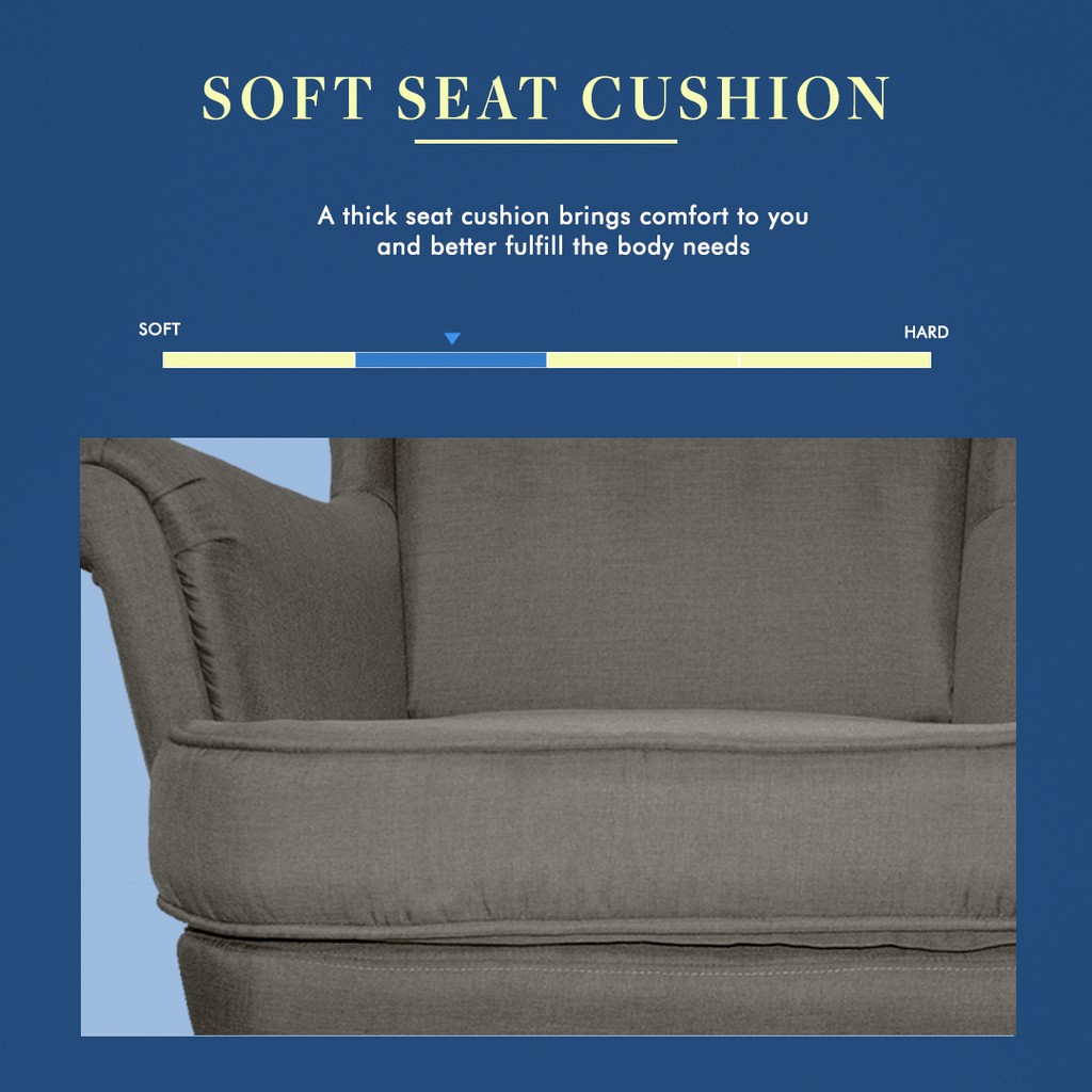 FINSSO: DIAMON Canvas Fabric Sofa Wing Chair With Round Stools + Cushion Pillow