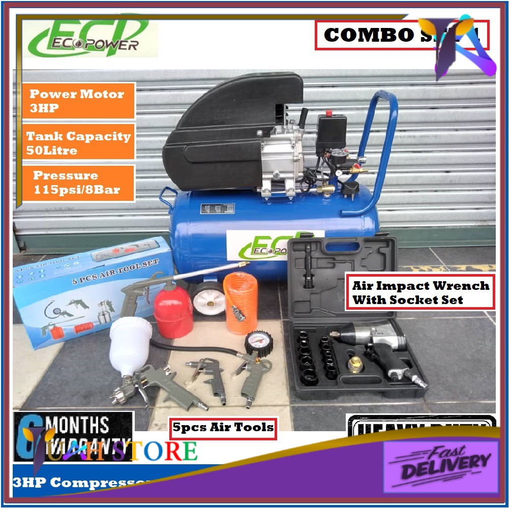 TUAH591 - ECOPOWER 3HP 50litre Air Compressor + EUROX 5pcs Air tools set + FST 1/2" Air impact WrencEcopower Combo 1