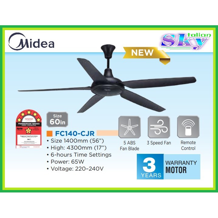 Midea 56 Kipas Siling 5 Bilah Dengan Remote Mfc140cjr Shopee Malaysia