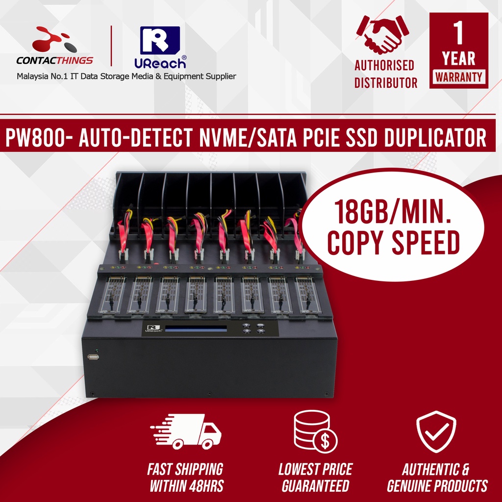 UREACH 1 to 7 Units Autodetect NVMe/SATA PCIe SSD Duplicator PW800H