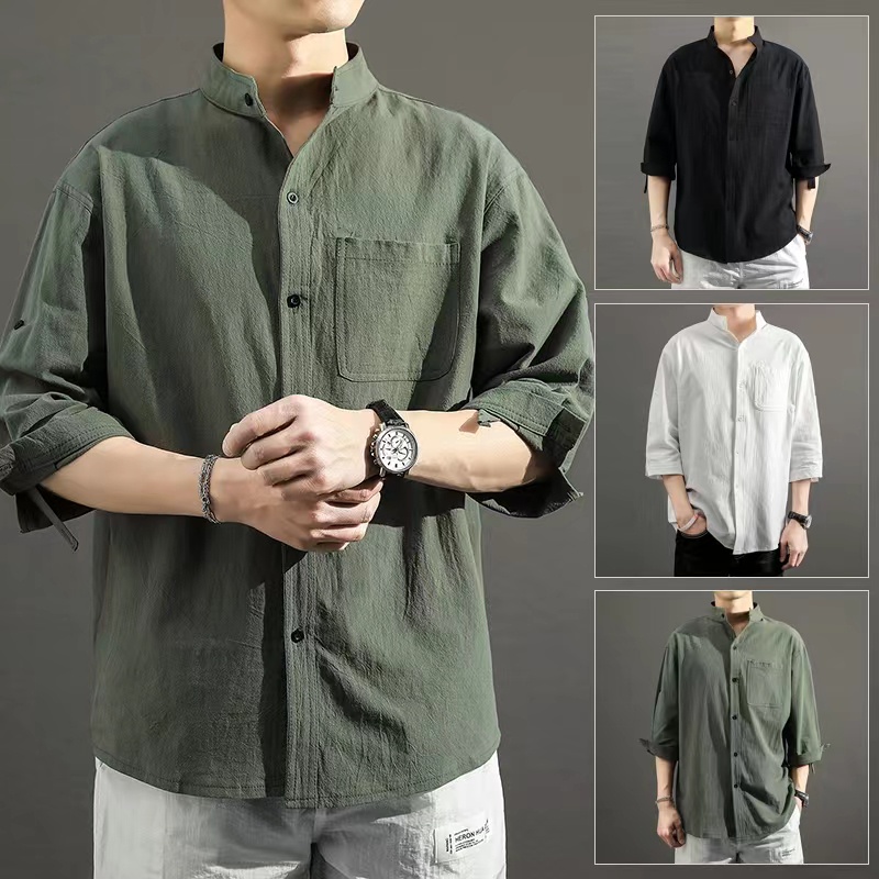 Shirt MenSleeve Summer Cotton Hemp Quarter Seven Shirt Solid Color Versatile Men's Shirt casual shirt kemeja lelaki [J1010]
