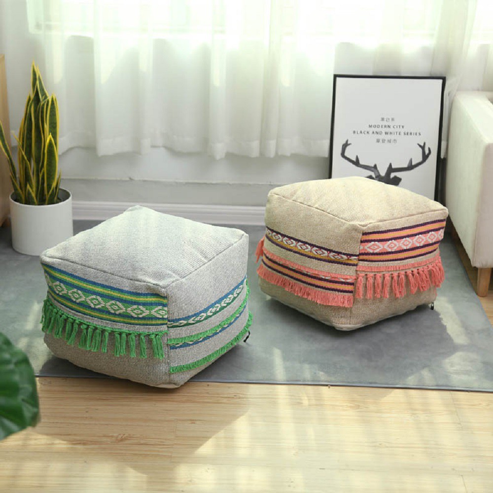 Pouf Cover Storage with Handmade Woven Cotton Linen Pouf Cover Boho