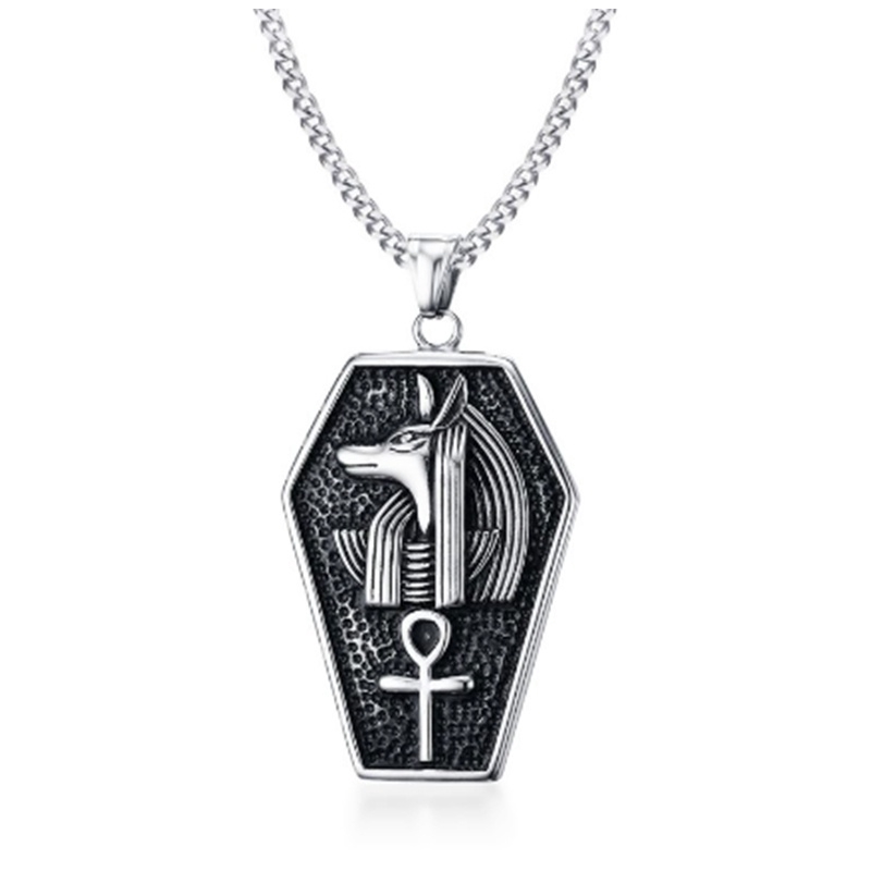 Mystical Egypt Coffin Amulet Anubis Ankh Pendant Necklace Vintage Men Jewelry