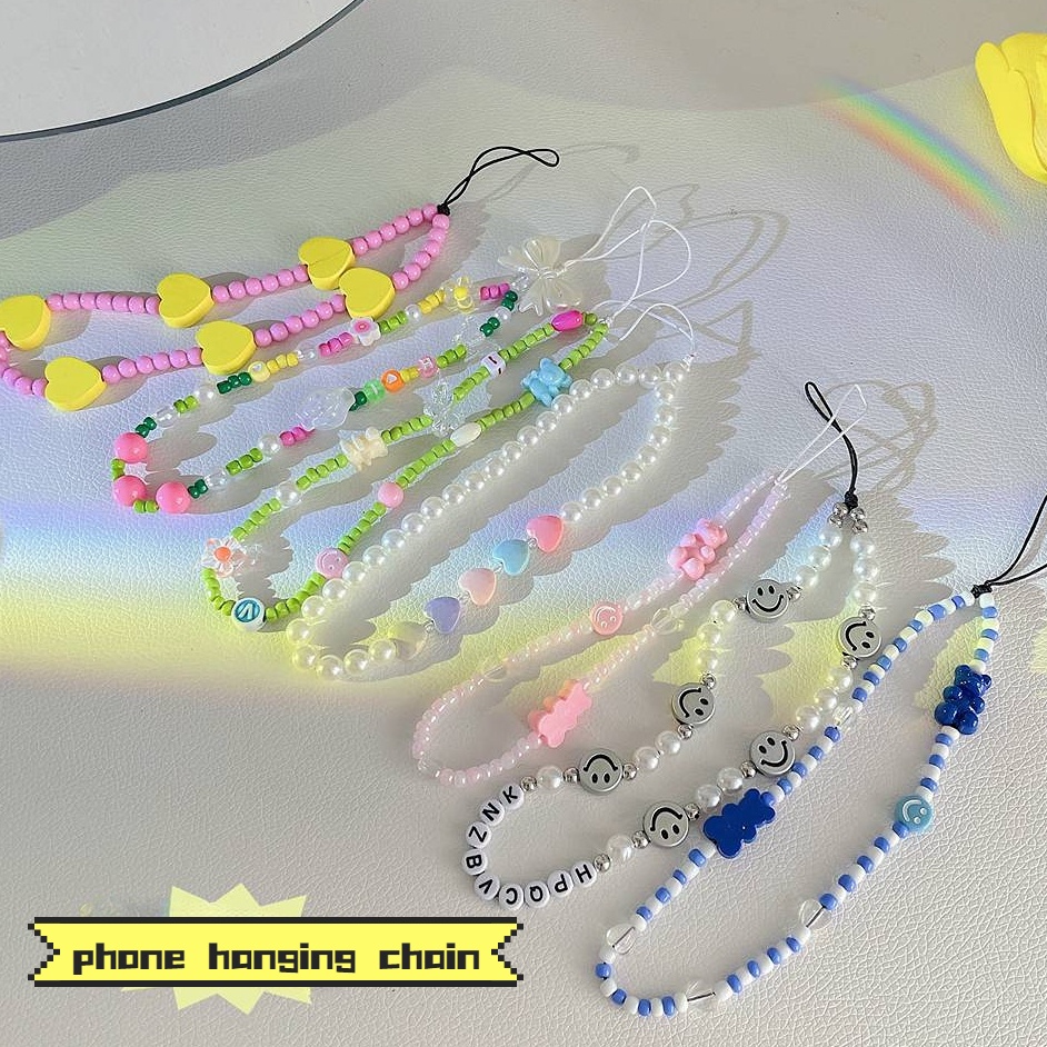 Fashion Phone Strap Multi-color Multifunction PC Beaded Hanging Cord Love Flower Cellphone Chain Backpack Pendant Lanyard for Bluetooth Earphone ID Badge Holder Card Cover Keychain