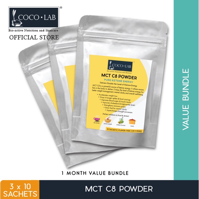 MCT C8 Powder Sachet by COCOLAB (Medium Chain Triglycerides 100% Pure C8) [1 Month Value Bundle] [Travel Friendly, Keto]